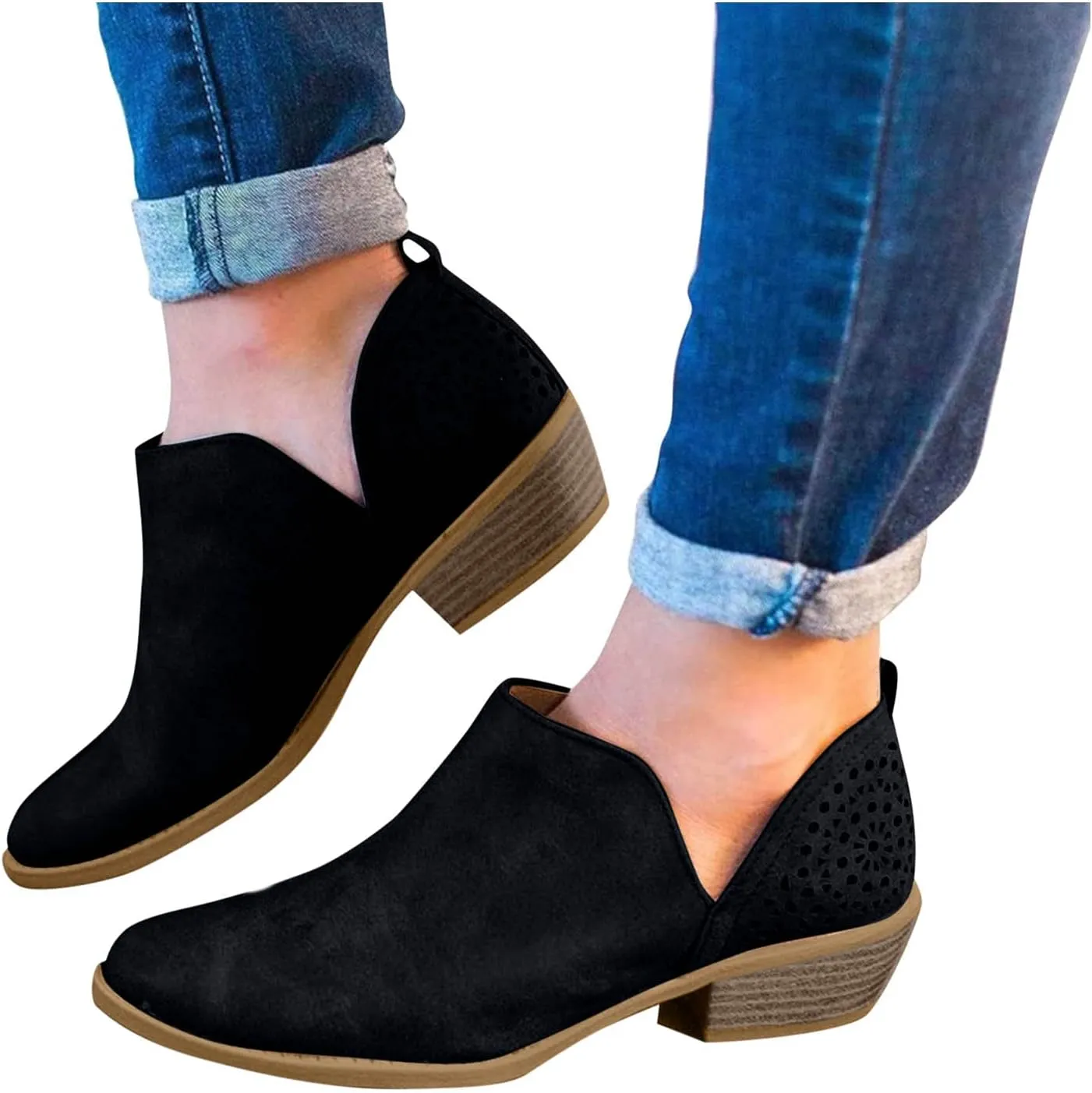 Cowgirl Boots Women with Heel Wedges Ankle Booties Retro V Cutout Comfy Short Boots Flock Zip Closure Stacked Chunky Block Heels Shoes 52