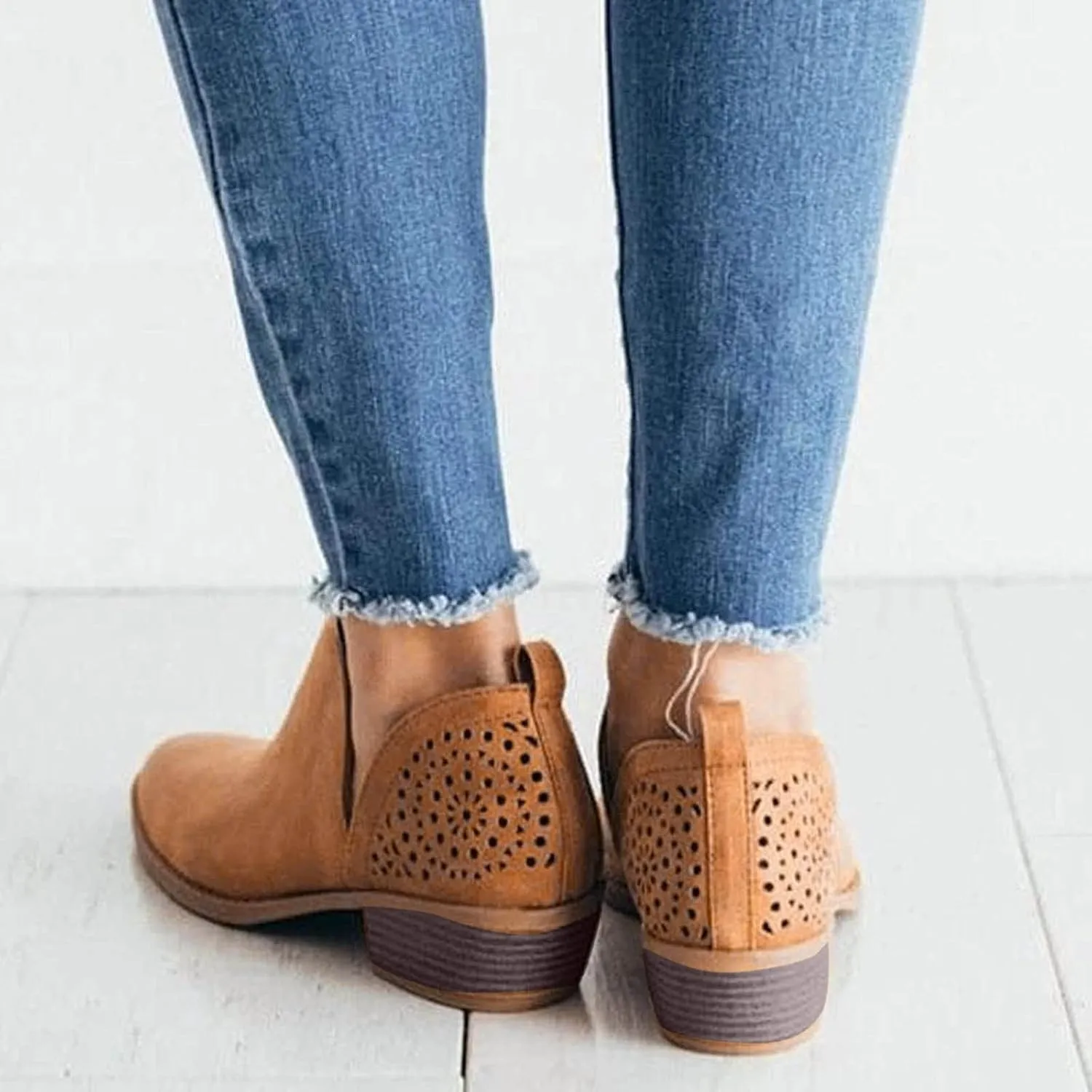 Cowgirl Boots Women with Heel Wedges Ankle Booties Retro V Cutout Comfy Short Boots Flock Zip Closure Stacked Chunky Block Heels Shoes 52