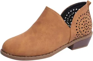 Cowgirl Boots Women with Heel Wedges Ankle Booties Retro V Cutout Comfy Short Boots Flock Zip Closure Stacked Chunky Block Heels Shoes 52