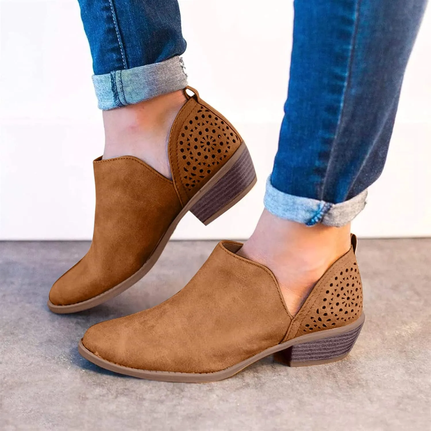 Cowgirl Boots Women with Heel Wedges Ankle Booties Retro V Cutout Comfy Short Boots Flock Zip Closure Stacked Chunky Block Heels Shoes 52
