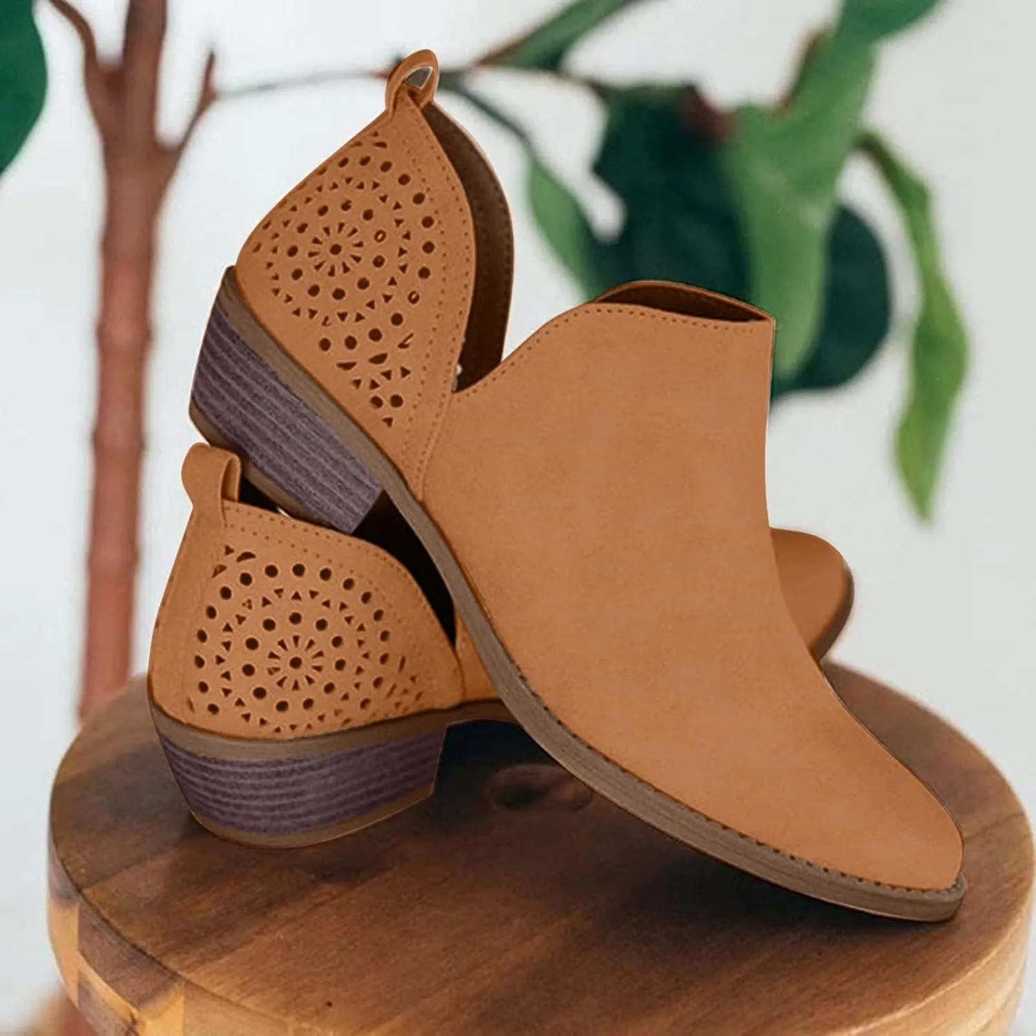 Cowgirl Boots Women with Heel Wedges Ankle Booties Retro V Cutout Comfy Short Boots Flock Zip Closure Stacked Chunky Block Heels Shoes 52
