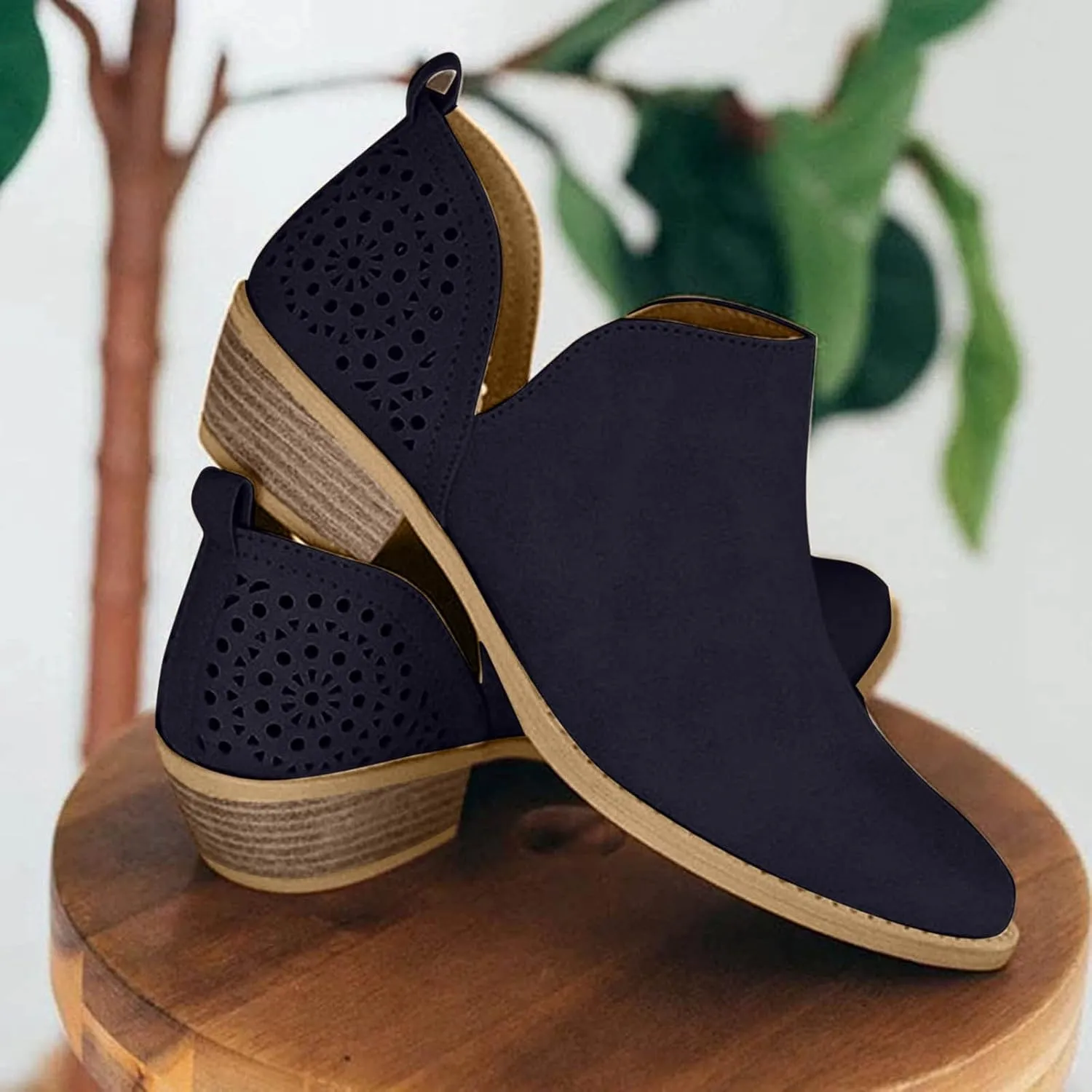 Cowgirl Boots Women with Heel Wedges Ankle Booties Retro V Cutout Comfy Short Boots Flock Zip Closure Stacked Chunky Block Heels Shoes 52