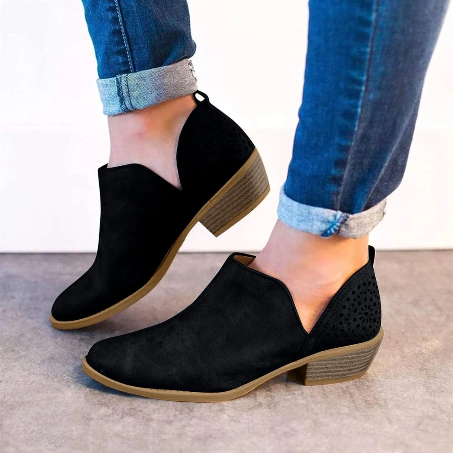 Cowgirl Boots Women with Heel Wedges Ankle Booties Retro V Cutout Comfy Short Boots Flock Zip Closure Stacked Chunky Block Heels Shoes 52