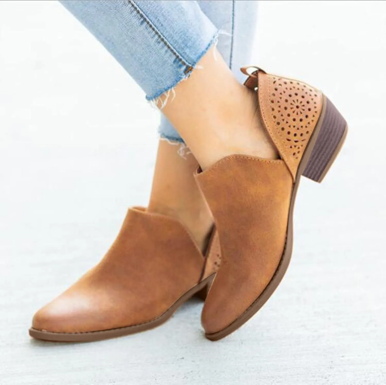 Cowgirl Boots Women with Heel Wedges Ankle Booties Retro V Cutout Comfy Short Boots Flock Zip Closure Stacked Chunky Block Heels Shoes 52