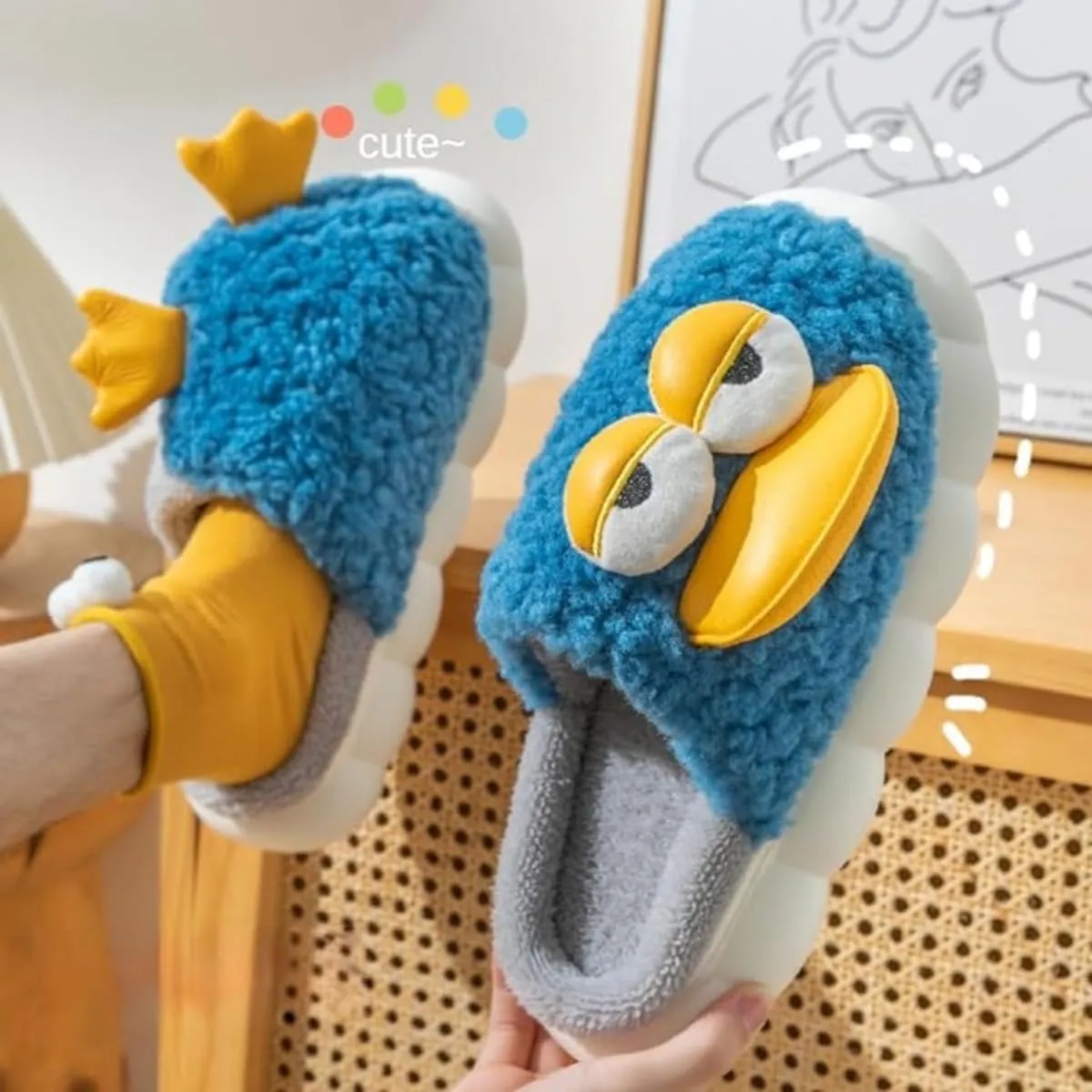 Cute Duck Furry Animal Slippers for Women Men Warm Fluffy Soft House Slippers Indoor Outdoor