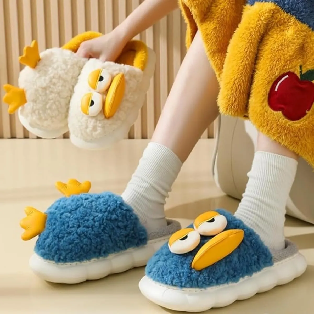 Cute Duck Furry Animal Slippers for Women Men Warm Fluffy Soft House Slippers Indoor Outdoor