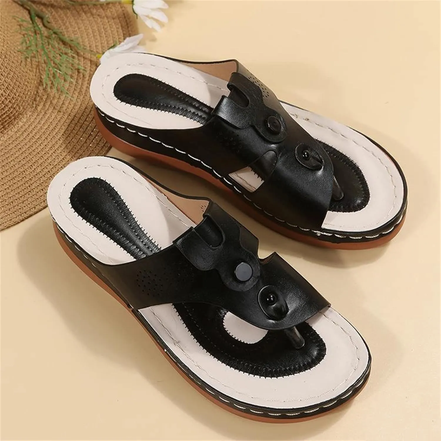 DOIX Women Bunion Correction Flip Flops Summer Beach Comfortable Thong Wedge Sandals with Arch Support Plantar Fasciitis Walking Shoes Non Slip Outdoor Slippers,Black,US5/EU36