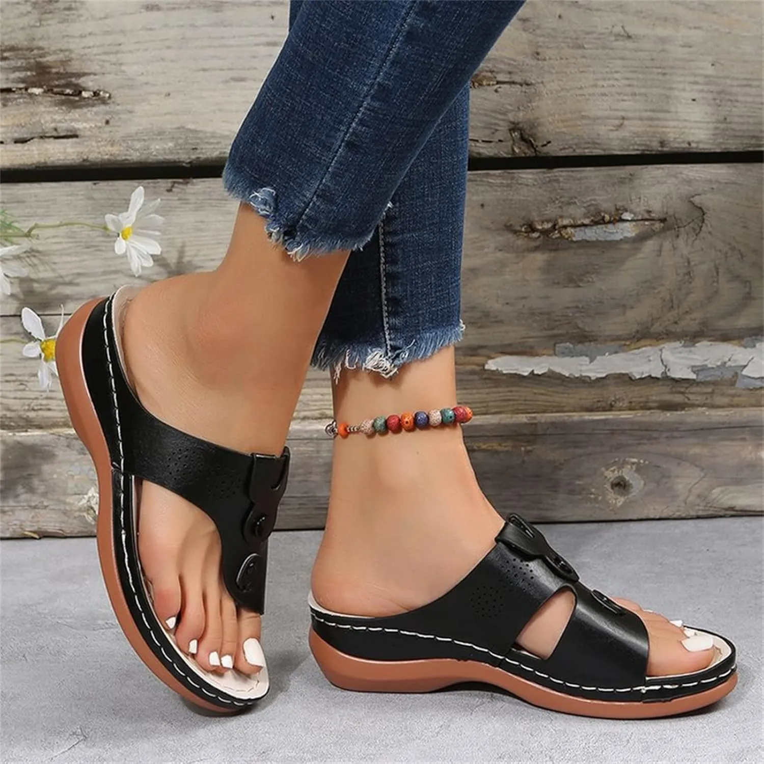 DOIX Women Bunion Correction Flip Flops Summer Beach Comfortable Thong Wedge Sandals with Arch Support Plantar Fasciitis Walking Shoes Non Slip Outdoor Slippers,Black,US5/EU36