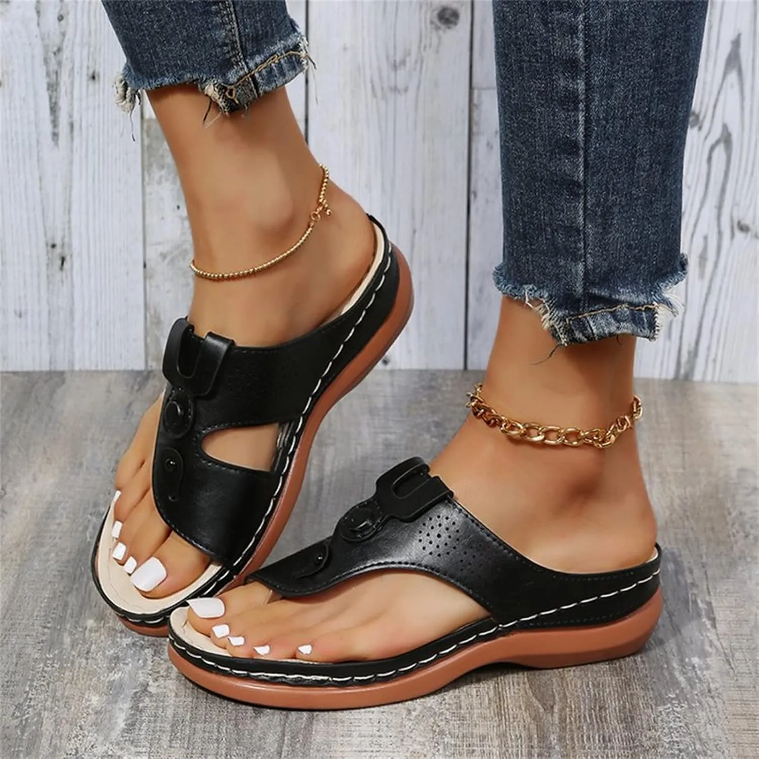 DOIX Women Bunion Correction Flip Flops Summer Beach Comfortable Thong Wedge Sandals with Arch Support Plantar Fasciitis Walking Shoes Non Slip Outdoor Slippers,Black,US5/EU36