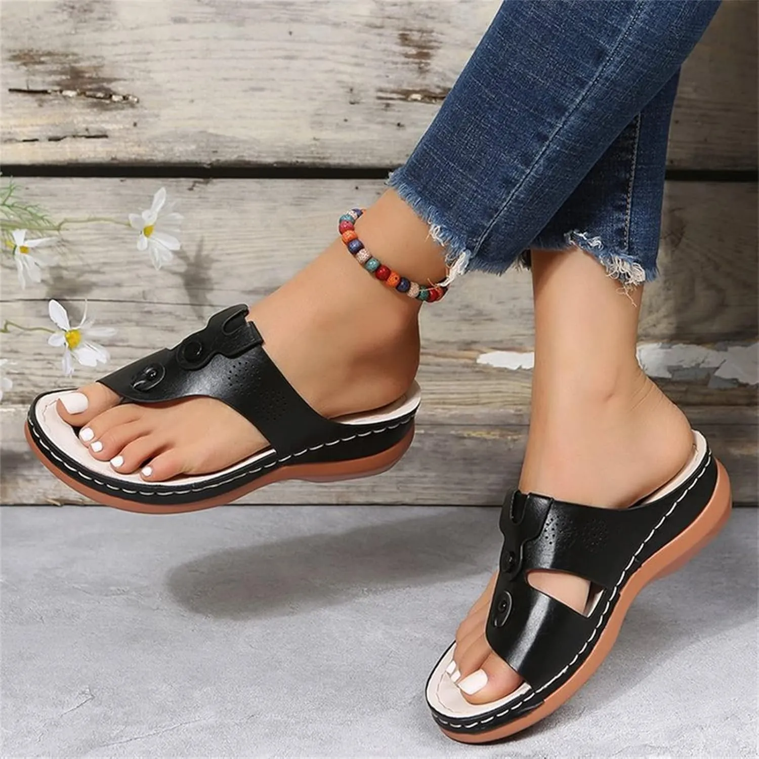 DOIX Women Bunion Correction Flip Flops Summer Beach Comfortable Thong Wedge Sandals with Arch Support Plantar Fasciitis Walking Shoes Non Slip Outdoor Slippers,Black,US5/EU36