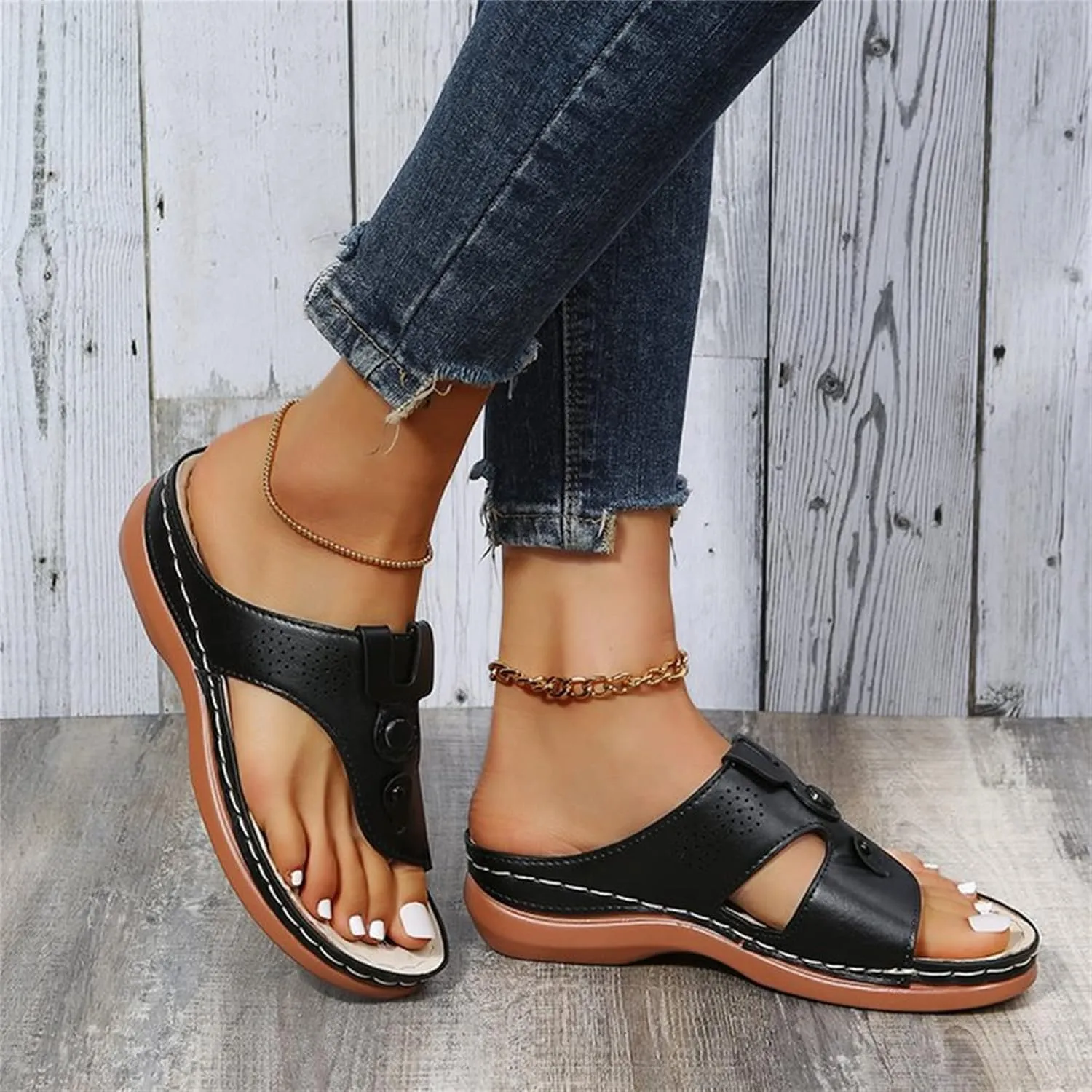 DOIX Women Bunion Correction Flip Flops Summer Beach Comfortable Thong Wedge Sandals with Arch Support Plantar Fasciitis Walking Shoes Non Slip Outdoor Slippers,Black,US5/EU36
