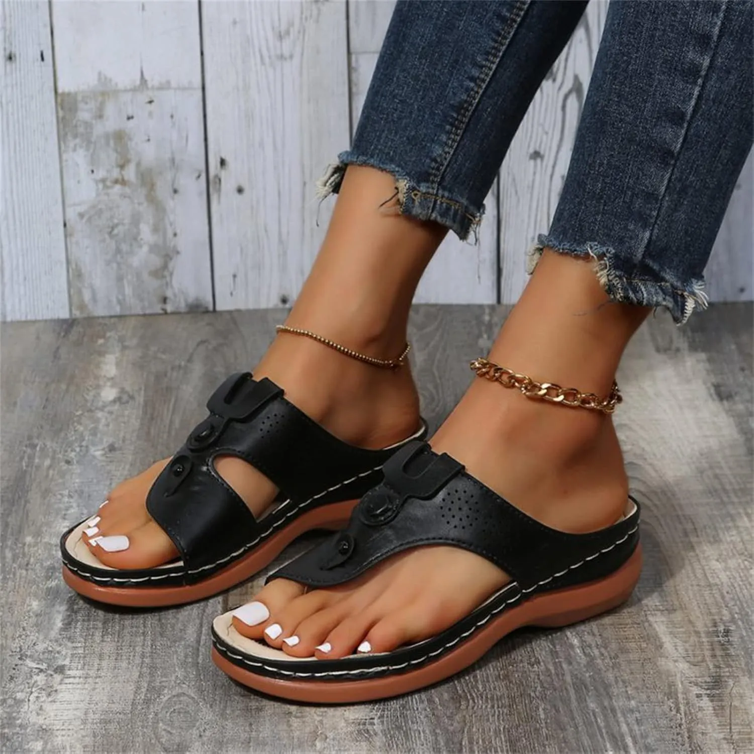 DOIX Women Bunion Correction Flip Flops Summer Beach Comfortable Thong Wedge Sandals with Arch Support Plantar Fasciitis Walking Shoes Non Slip Outdoor Slippers,Black,US5/EU36