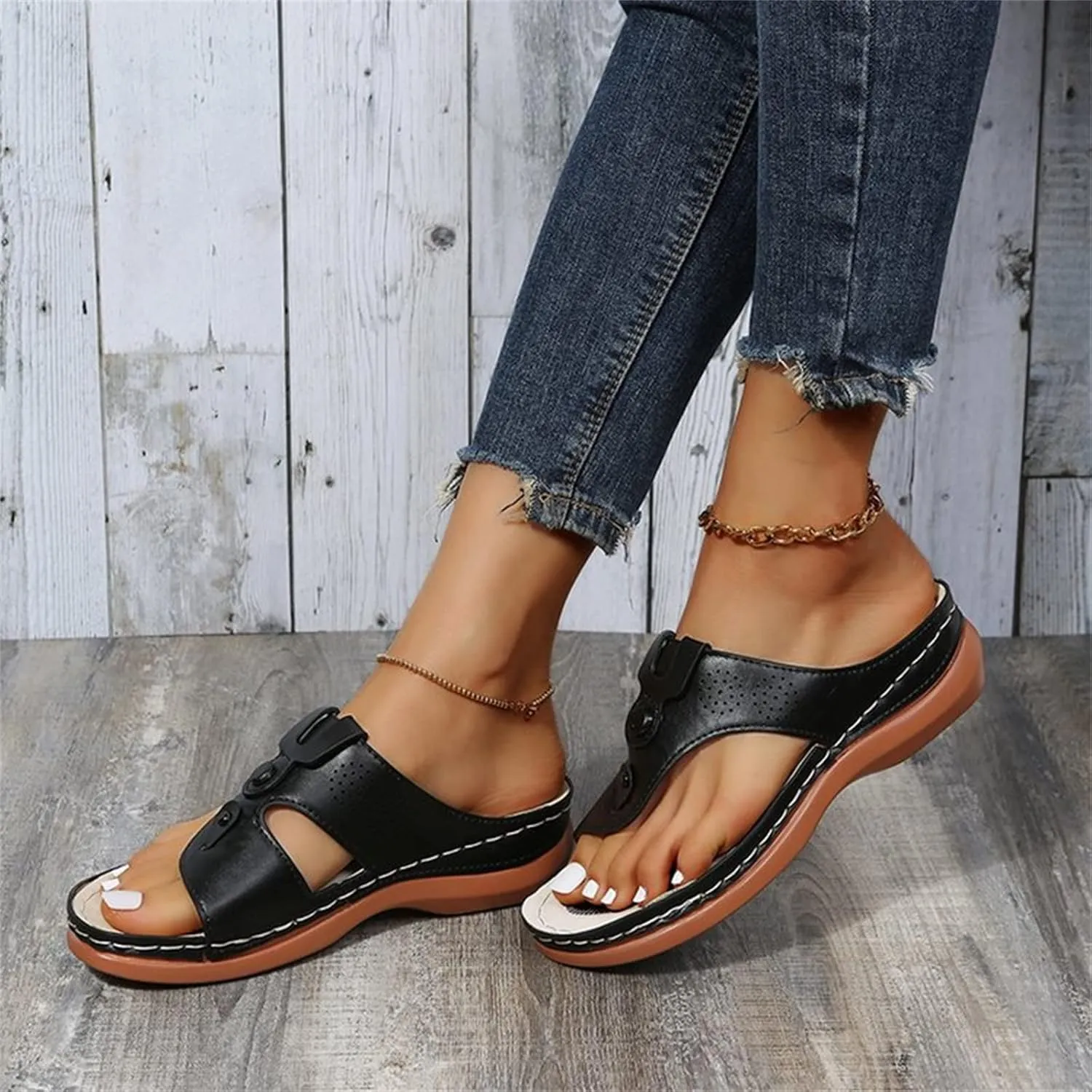DOIX Women Bunion Correction Flip Flops Summer Beach Comfortable Thong Wedge Sandals with Arch Support Plantar Fasciitis Walking Shoes Non Slip Outdoor Slippers,Black,US5/EU36