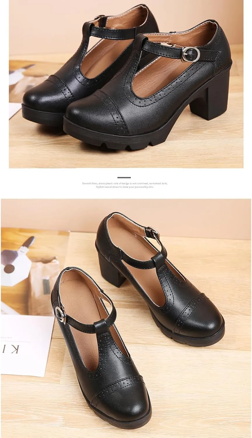 Dress Wedding Shoes for Women Low Block Heels Mary Jane Chunky T-Strap Interview Shoes Closed Toe Oxfords Pump Shoes