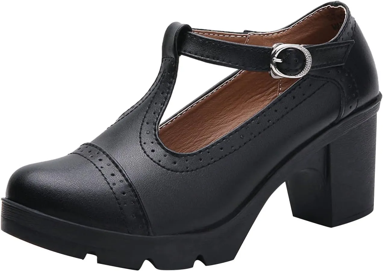 Dress Wedding Shoes for Women Low Block Heels Mary Jane Chunky T-Strap Interview Shoes Closed Toe Oxfords Pump Shoes