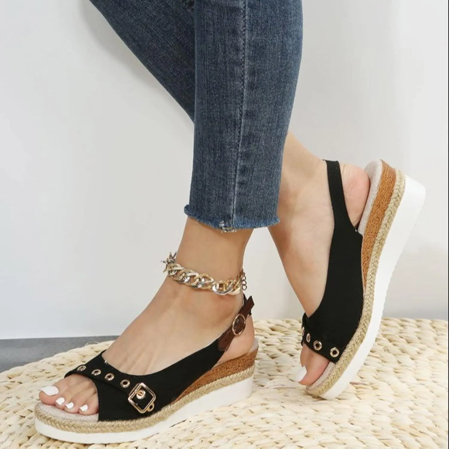 Espadrilles for Women Fish Mouth Platform Sandals Buckle Summer Shoes Orthopedic Sandals