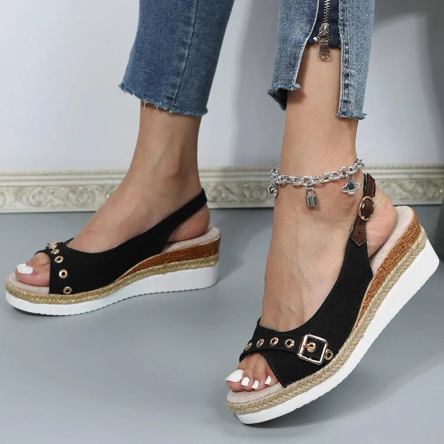 Espadrilles for Women Fish Mouth Platform Sandals Buckle Summer Shoes Orthopedic Sandals