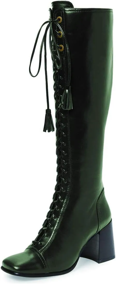 FOWT Women Fringe Lace Up High Chunky Heel Knee High Boots Wide Calf Zip-up Square Toe Tassels Western Riding Boots Pull On Dress Shoes For Ladies Size 4-16 M US