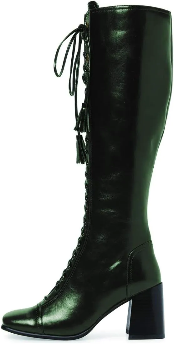 FOWT Women Fringe Lace Up High Chunky Heel Knee High Boots Wide Calf Zip-up Square Toe Tassels Western Riding Boots Pull On Dress Shoes For Ladies Size 4-16 M US