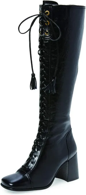 FOWT Women Fringe Lace Up High Chunky Heel Knee High Boots Wide Calf Zip-up Square Toe Tassels Western Riding Boots Pull On Dress Shoes For Ladies Size 4-16 M US