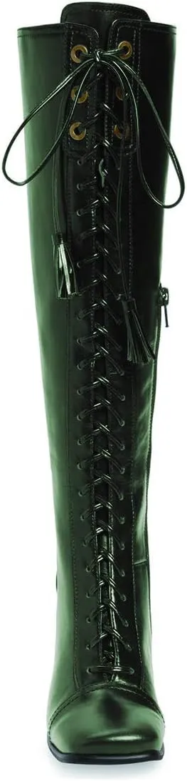 FOWT Women Fringe Lace Up High Chunky Heel Knee High Boots Wide Calf Zip-up Square Toe Tassels Western Riding Boots Pull On Dress Shoes For Ladies Size 4-16 M US
