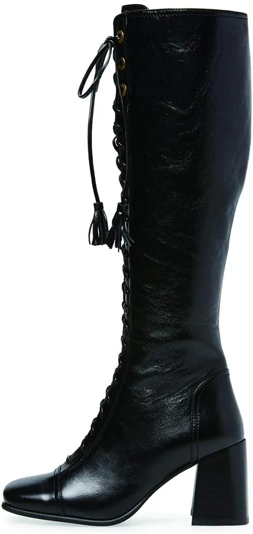 FOWT Women Fringe Lace Up High Chunky Heel Knee High Boots Wide Calf Zip-up Square Toe Tassels Western Riding Boots Pull On Dress Shoes For Ladies Size 4-16 M US