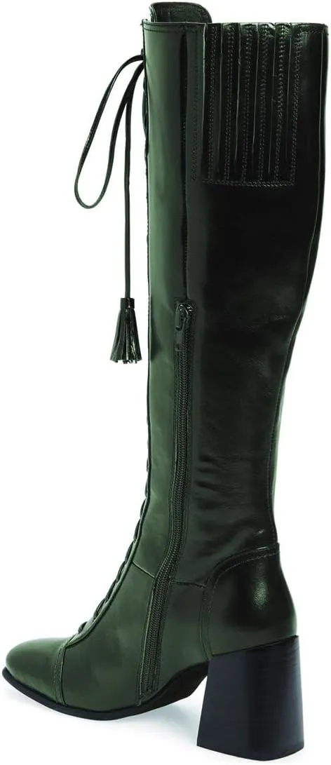 FOWT Women Fringe Lace Up High Chunky Heel Knee High Boots Wide Calf Zip-up Square Toe Tassels Western Riding Boots Pull On Dress Shoes For Ladies Size 4-16 M US
