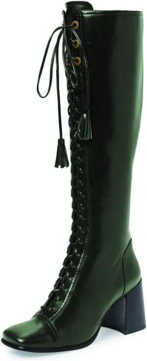 FOWT Women Fringe Lace Up High Chunky Heel Knee High Boots Wide Calf Zip-up Square Toe Tassels Western Riding Boots Pull On Dress Shoes For Ladies Size 4-16 M US