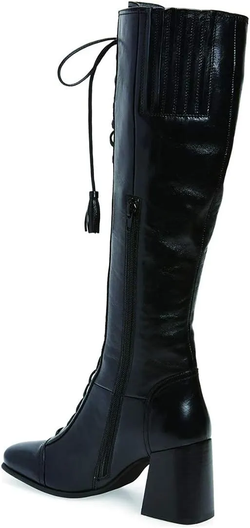 FOWT Women Fringe Lace Up High Chunky Heel Knee High Boots Wide Calf Zip-up Square Toe Tassels Western Riding Boots Pull On Dress Shoes For Ladies Size 4-16 M US