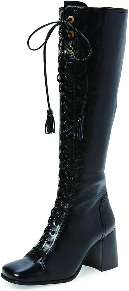 FOWT Women Fringe Lace Up High Chunky Heel Knee High Boots Wide Calf Zip-up Square Toe Tassels Western Riding Boots Pull On Dress Shoes For Ladies Size 4-16 M US