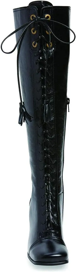 FOWT Women Fringe Lace Up High Chunky Heel Knee High Boots Wide Calf Zip-up Square Toe Tassels Western Riding Boots Pull On Dress Shoes For Ladies Size 4-16 M US
