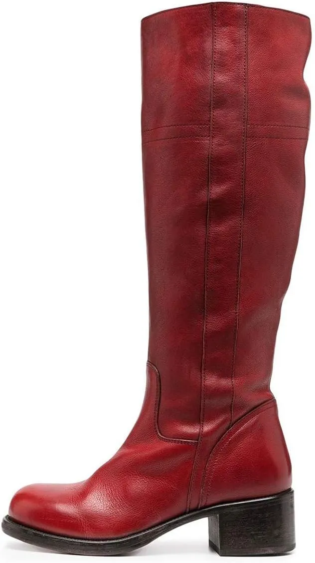 FOWT Women Wide Calf Low Chunky Heel Knee High Boots Zip-up Round Toe Western Riding Boots Pull On Fall Winter Shoes for Ladies US Size 4-16