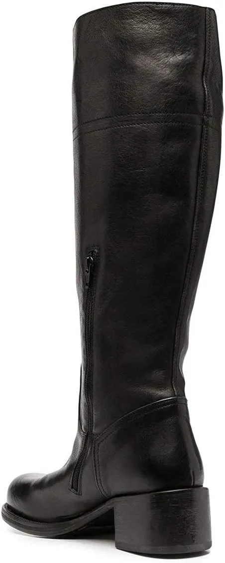 FOWT Women Wide Calf Low Chunky Heel Knee High Boots Zip-up Round Toe Western Riding Boots Pull On Fall Winter Shoes for Ladies US Size 4-16