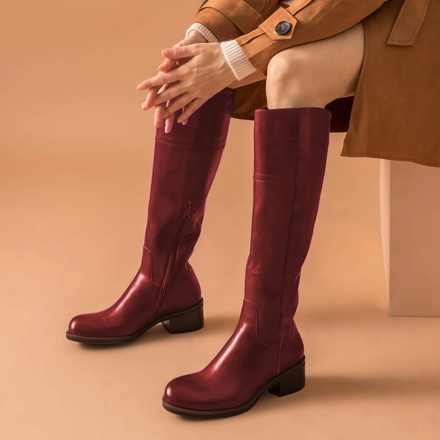 FOWT Women Wide Calf Low Chunky Heel Knee High Boots Zip-up Round Toe Western Riding Boots Pull On Fall Winter Shoes for Ladies US Size 4-16