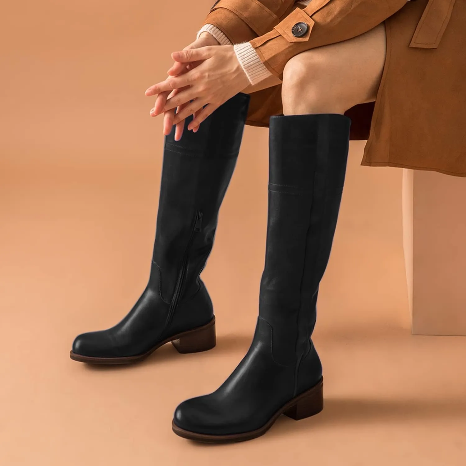 FOWT Women Wide Calf Low Chunky Heel Knee High Boots Zip-up Round Toe Western Riding Boots Pull On Fall Winter Shoes for Ladies US Size 4-16