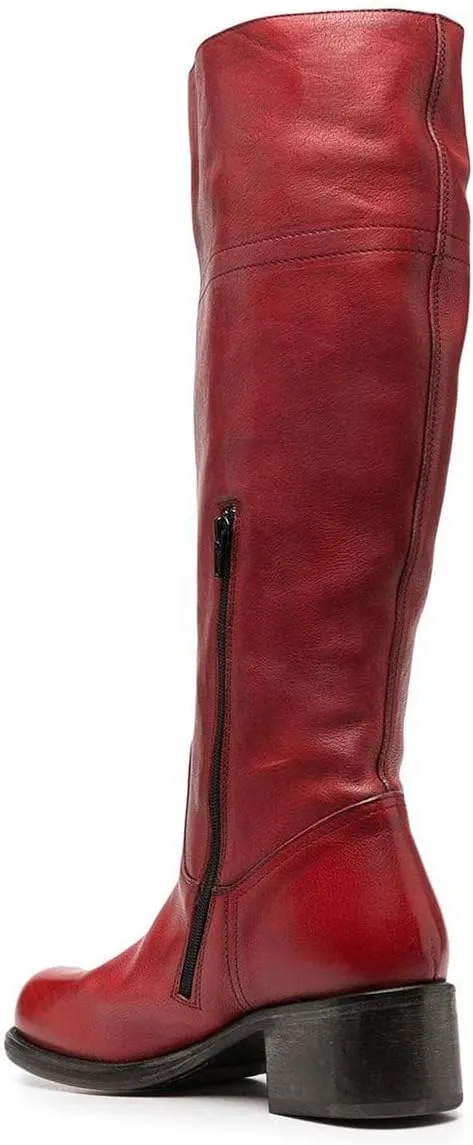 FOWT Women Wide Calf Low Chunky Heel Knee High Boots Zip-up Round Toe Western Riding Boots Pull On Fall Winter Shoes for Ladies US Size 4-16