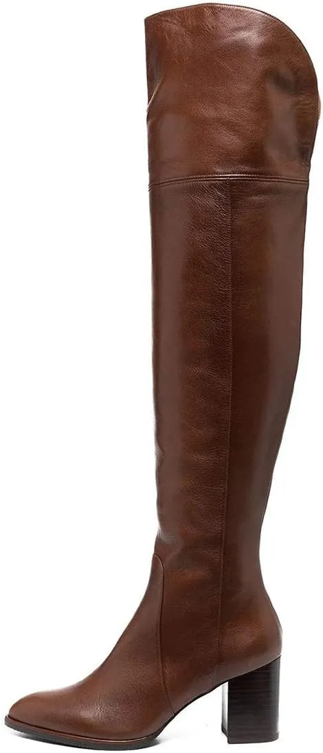 FSJ Women Classic Pointed Toe Western Riding Over The Knee Boots Wide Calf Chunky Mid Heel Pull On Long Boots Zipper Winter Dress Shoes Size 4-15 US