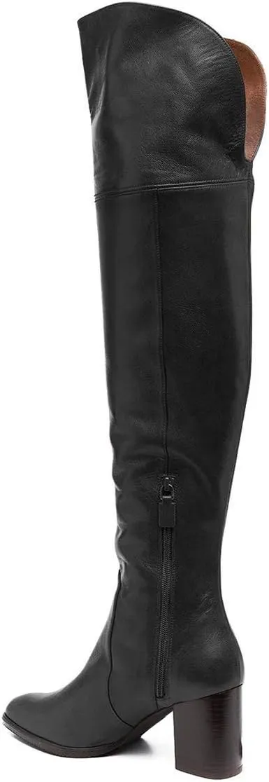 FSJ Women Classic Pointed Toe Western Riding Over The Knee Boots Wide Calf Chunky Mid Heel Pull On Long Boots Zipper Winter Dress Shoes Size 4-15 US