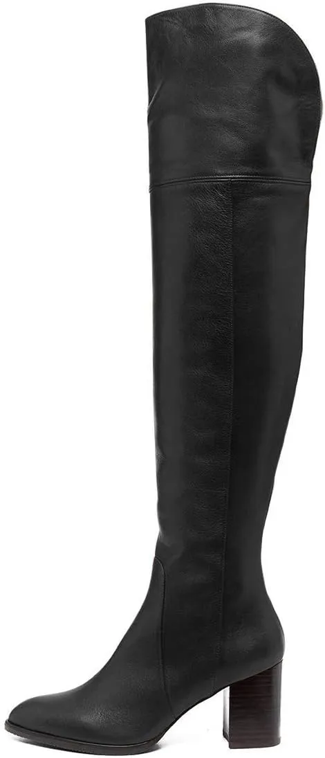 FSJ Women Classic Pointed Toe Western Riding Over The Knee Boots Wide Calf Chunky Mid Heel Pull On Long Boots Zipper Winter Dress Shoes Size 4-15 US