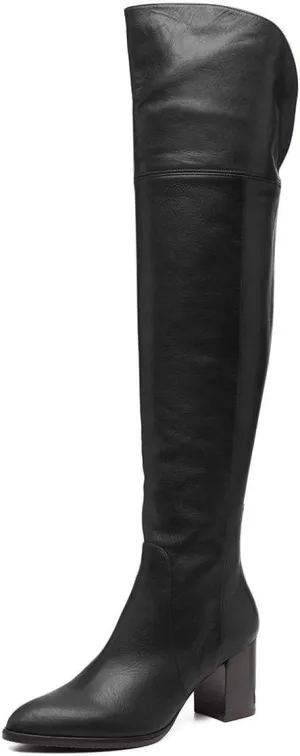 FSJ Women Classic Pointed Toe Western Riding Over The Knee Boots Wide Calf Chunky Mid Heel Pull On Long Boots Zipper Winter Dress Shoes Size 4-15 US