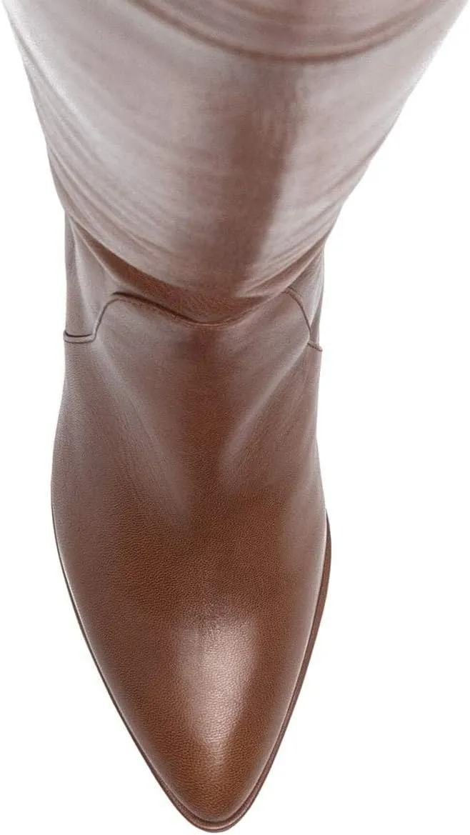 FSJ Women Classic Pointed Toe Western Riding Over The Knee Boots Wide Calf Chunky Mid Heel Pull On Long Boots Zipper Winter Dress Shoes Size 4-15 US