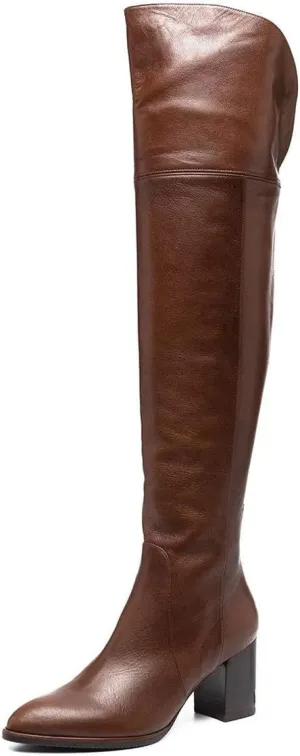 FSJ Women Classic Pointed Toe Western Riding Over The Knee Boots Wide Calf Chunky Mid Heel Pull On Long Boots Zipper Winter Dress Shoes Size 4-15 US