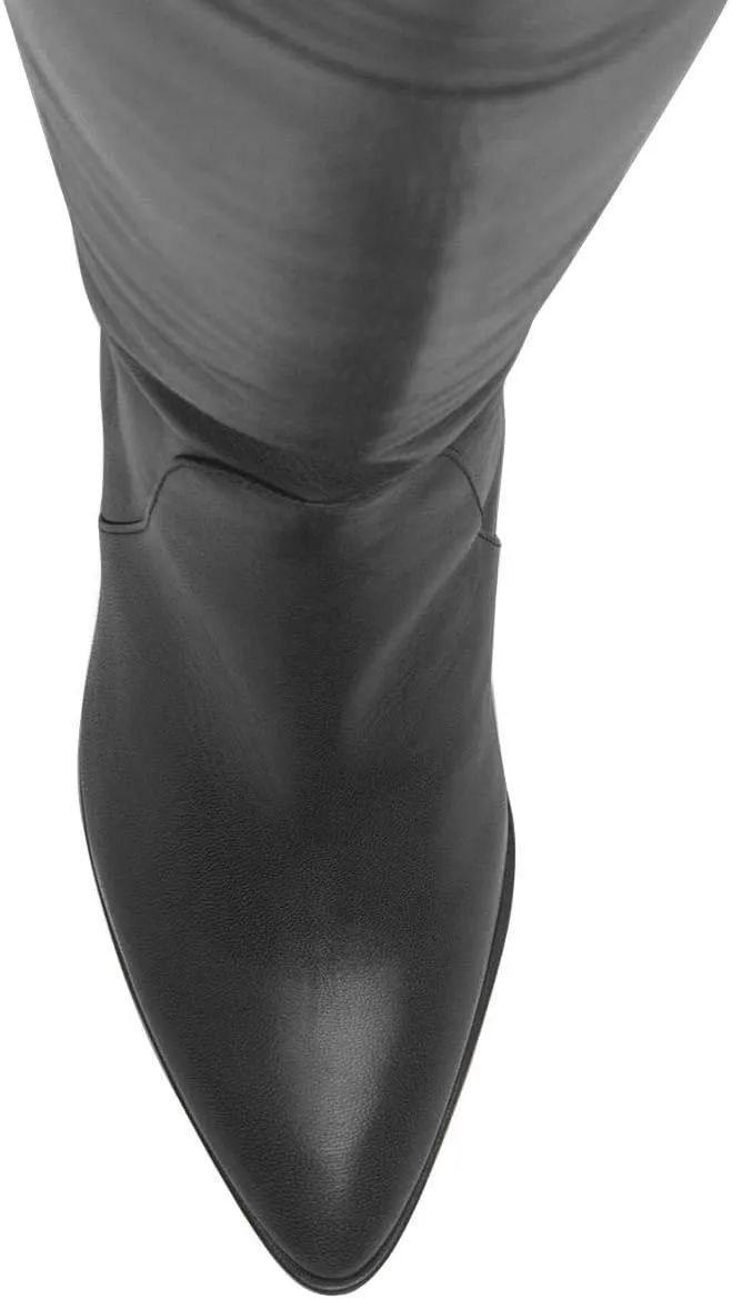 FSJ Women Classic Pointed Toe Western Riding Over The Knee Boots Wide Calf Chunky Mid Heel Pull On Long Boots Zipper Winter Dress Shoes Size 4-15 US