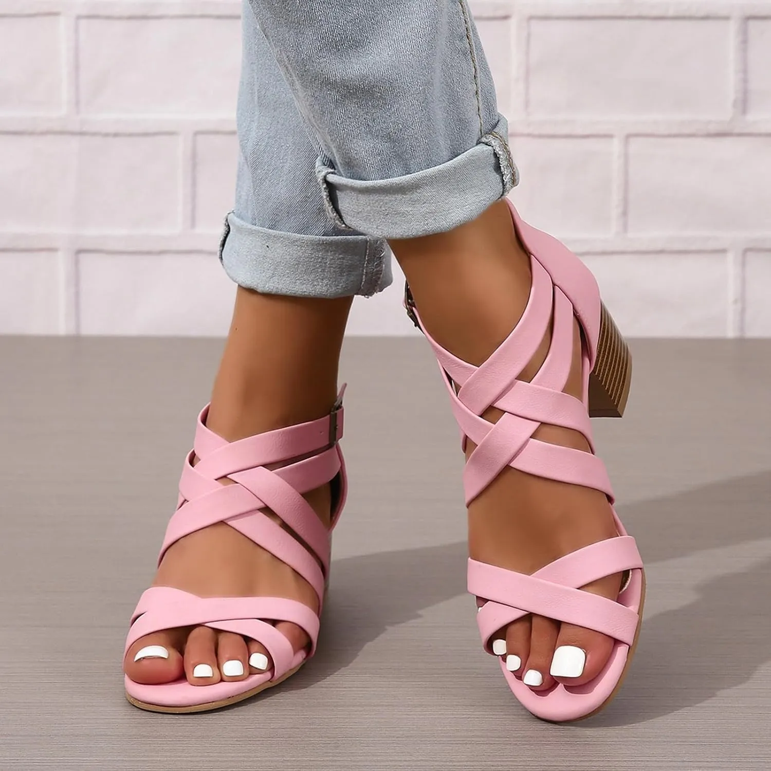 Generic Women's Peep Toe Ankle Strap Low Block Chunky Heels Sandals Party Dress Wedding Evening Pumps Shoes