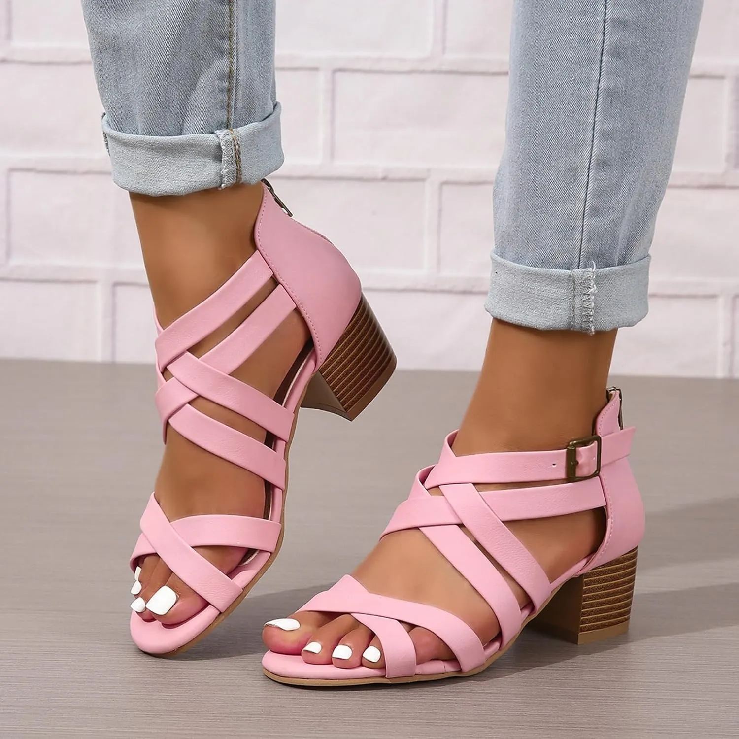 Generic Women's Peep Toe Ankle Strap Low Block Chunky Heels Sandals Party Dress Wedding Evening Pumps Shoes