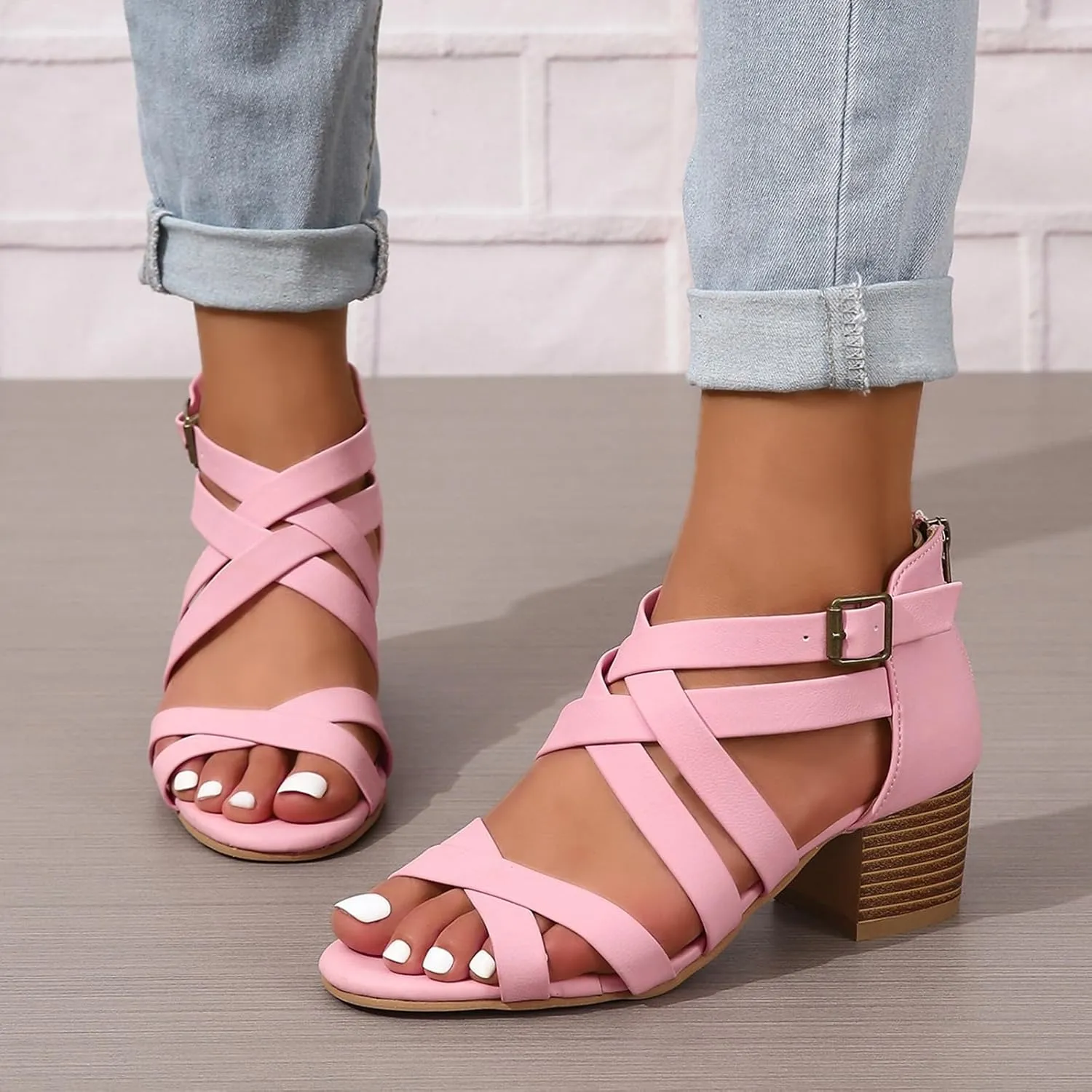 Generic Women's Peep Toe Ankle Strap Low Block Chunky Heels Sandals Party Dress Wedding Evening Pumps Shoes