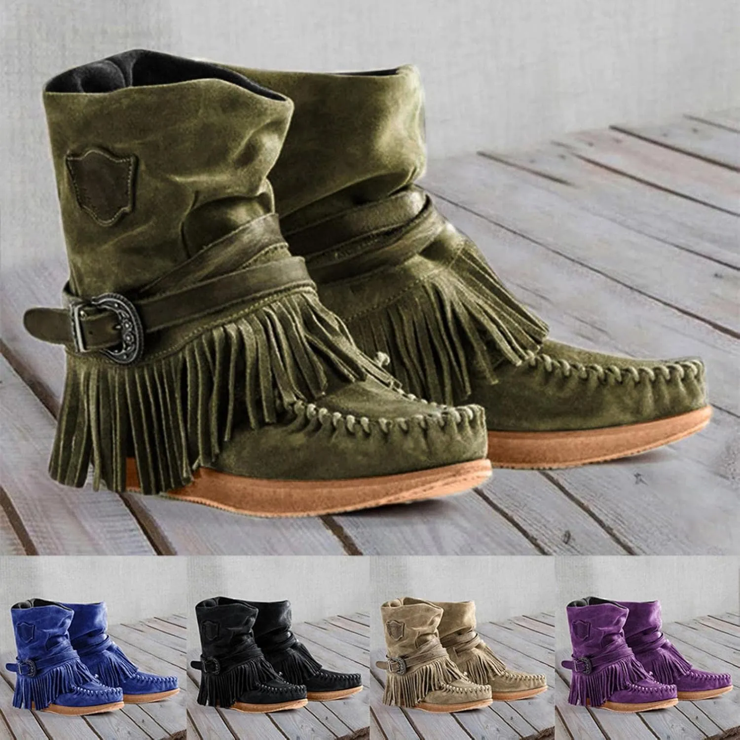 Gibobby Ankle Boots for Women Mid Knee High Boots Low Heel Fringe Side Zipper Fashion Winter Shoes Cowboy Booties