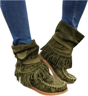 Gibobby Ankle Boots for Women Mid Knee High Boots Low Heel Fringe Side Zipper Fashion Winter Shoes Cowboy Booties