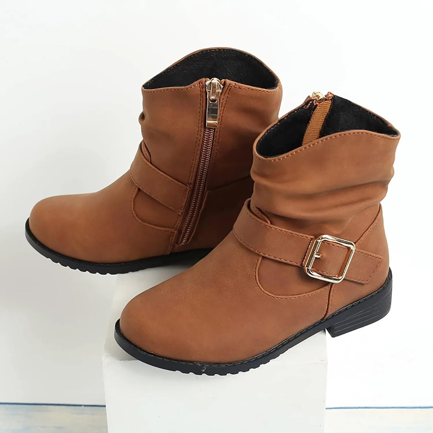 Girls Ankle Boots Side Zipper Low Heel Cowgirl Boots Western Riding Boots Outdoor Warm Shoes for Little Kids/Big Kids
