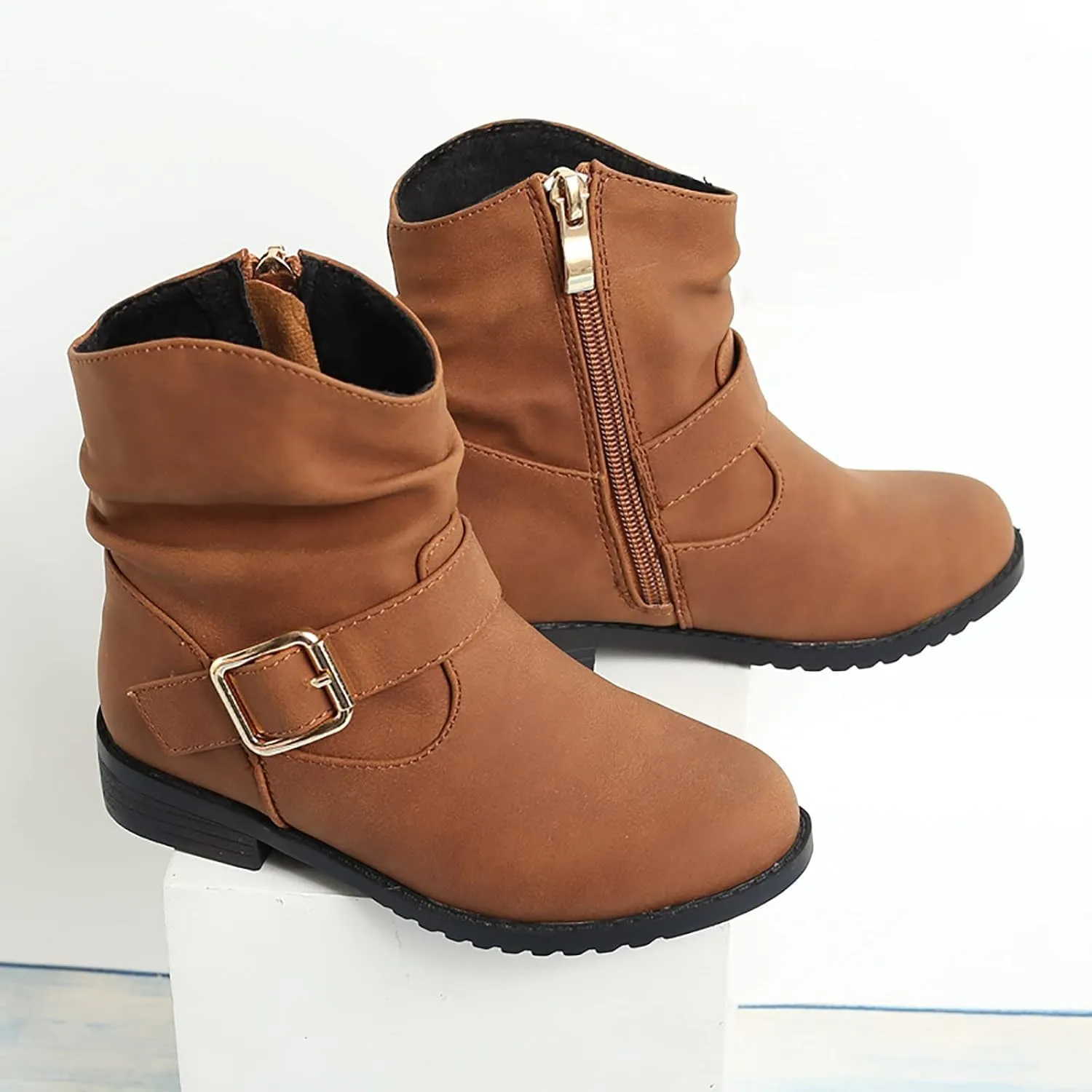 Girls Ankle Boots Side Zipper Low Heel Cowgirl Boots Western Riding Boots Outdoor Warm Shoes for Little Kids/Big Kids